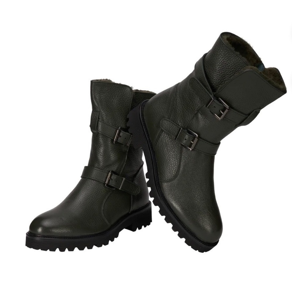 Diane B. Dark Green Pebbled Nappa Leather Shearling Lined Moto Buckle Boots 41‎
